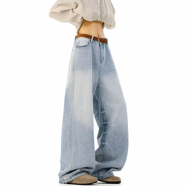 欧路得 水洗猫须做旧弯刀男女春季美式复古高级感直筒阔腿长裤牛仔裤 男款