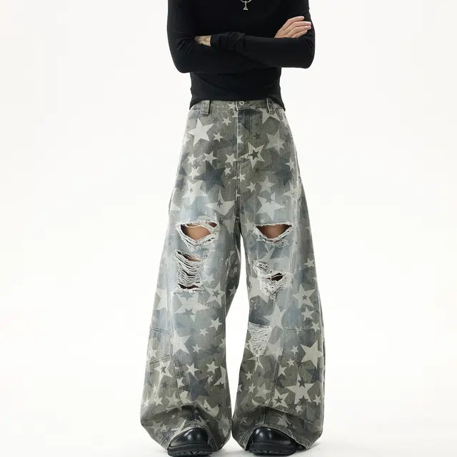 欧路得 美式星星满印破洞男秋高街设计感弯刀裤子复古宽松阔腿长裤牛仔裤 男款
