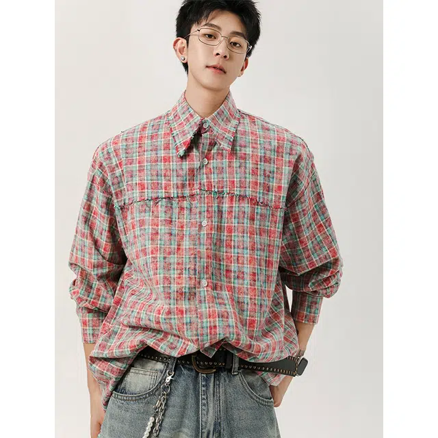 欧路得 美式高街格子女男秋季复古设计感小清新休闲衬衣外套情侣衬衫 男款