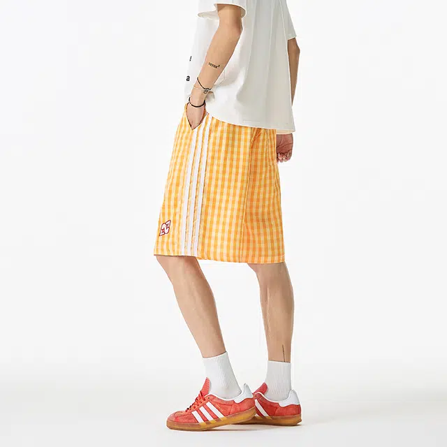 欧路得 美式撞色格子夏季薄款冰丝速干沙滩五分裤运动中裤休闲短裤 男款