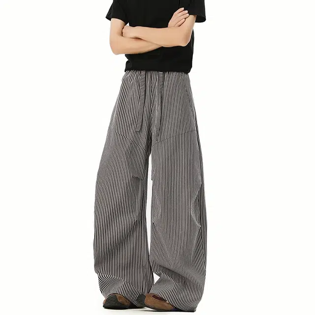 欧路得 美式竖条纹伞兵薄款宽松凉感速干直筒运动长裤子休闲裤 男款