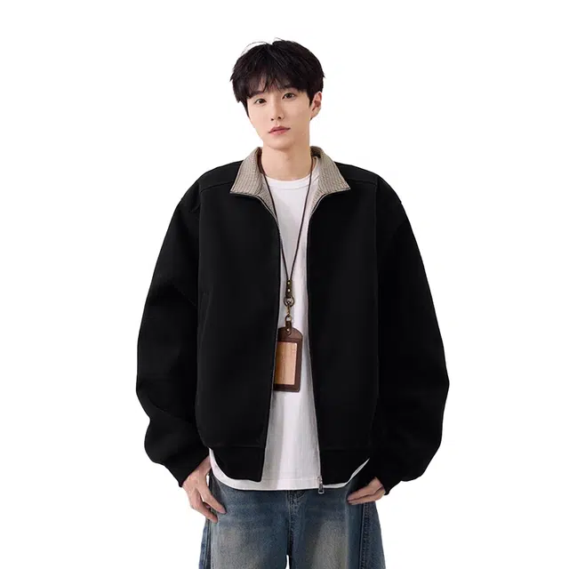 欧路得 千鸟格立领外套男潮牌秋季美式宽松痞帅休闲高街拉链开衫夹克 男款