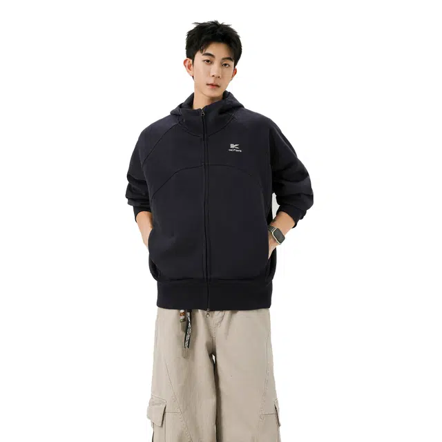 欧路得 欧路得 美式双拉链毛圈短款开衫女男秋季宽松立领连帽衫外套情侣卫衣 男款