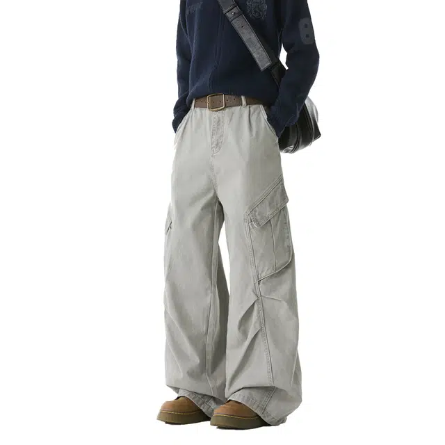 欧路得 欧路得 美式多口袋工装男女秋季潮牌宽松褶皱阔腿裤设计感伞兵裤子牛仔裤 男款