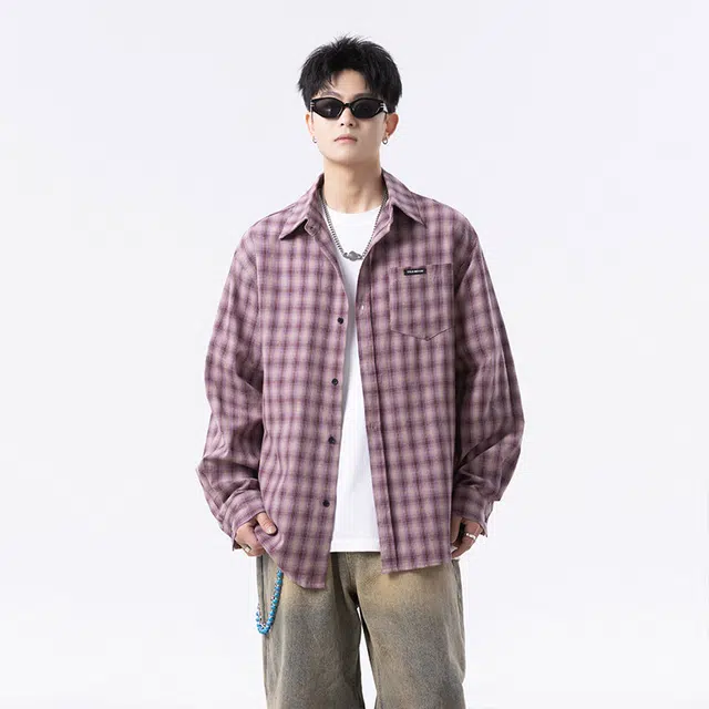 欧路得 美式复古格纹夏季潮牌美式宽松衬衣休闲情侣外套上衣长袖衬衫 男款