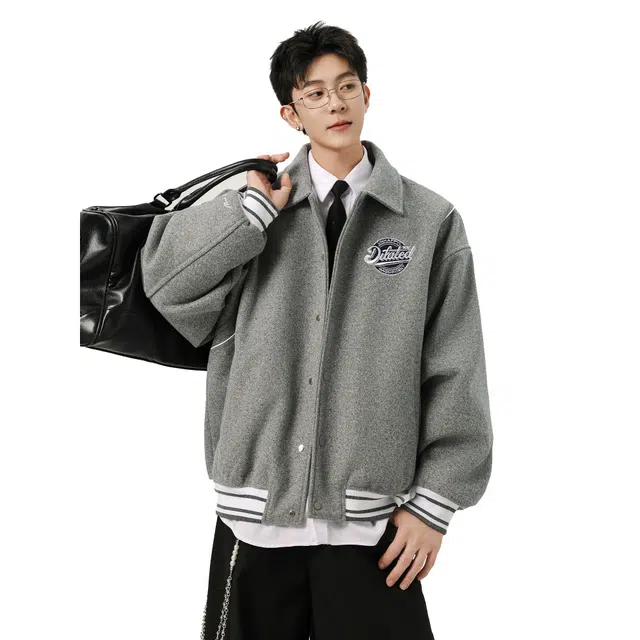 欧路得 欧路得 美式毛呢绣花男潮牌学院风休闲外套宽松百搭棒球服夹克 男款