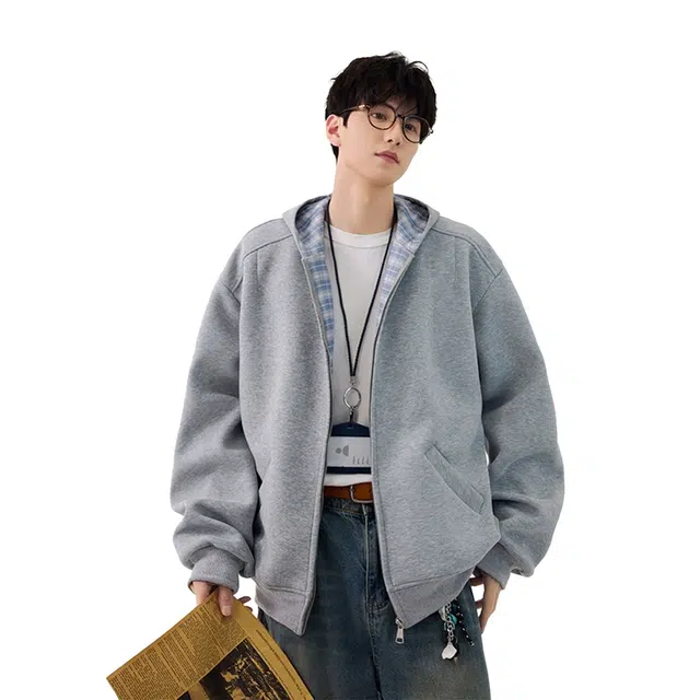 欧路得 美式格子拼接连帽外套男生潮牌秋季宽松休闲拉链重磅开衫卫衣 男款