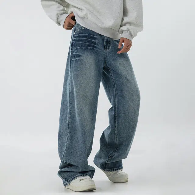 欧路得 复古水洗弯刀男夏美式设计感猫须直筒裤高街百搭宽松牛仔裤 男款