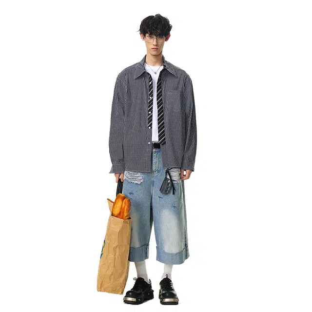 欧路得 欧路得 老钱风领带拼接长袖男女秋美式高街休闲上衣条纹翻领简约衬衣衬衫 男款