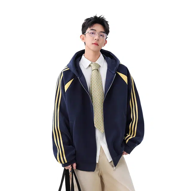 欧路得 欧路得 美式重磅三条杠连帽外套男潮牌秋季宽松休闲运动拉链夹克开衫卫衣 男款