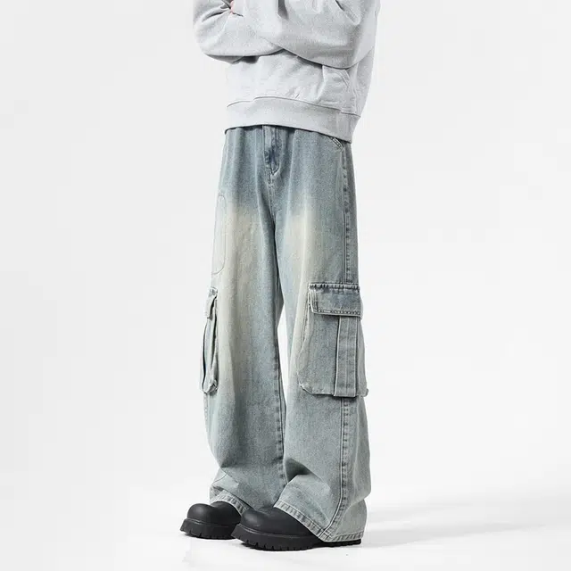 欧路得 复古做旧工装美式水洗大口袋拖地长裤潮牌宽松牛仔裤 男款