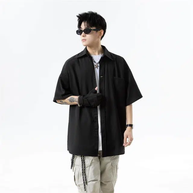 欧路得 日系简约薄款痞帅衬衣休闲百搭舒适纯色设计感翻领短袖衬衫 男款