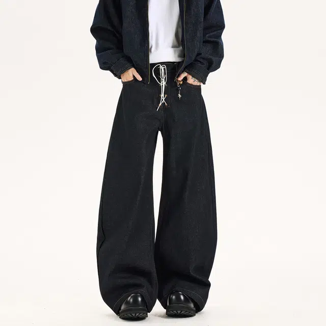 欧路得 美式复古吊坠绑带豹纹拼接设计阔腿秋冬女宽松直筒拖地长裤牛仔裤 男款