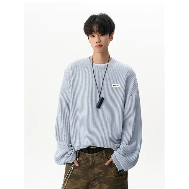 欧路得 美式肌理感长袖潮牌秋季宽松情侣休闲圆领内搭上衣针织衫 男款