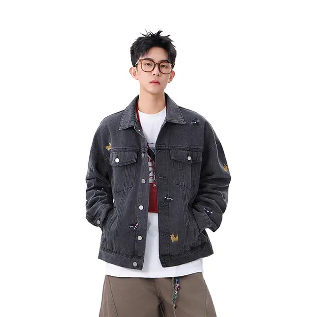 欧路得 欧路得 卡通小狗刺绣水洗牛仔外套男女秋季潮复古学院风上衣痞帅宽松夹克 男款