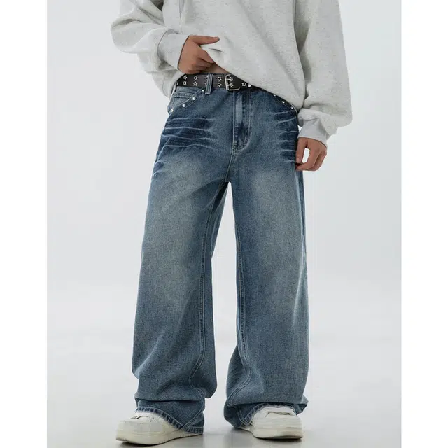 欧路得 复古水洗弯刀男夏美式设计感猫须直筒裤高街百搭宽松牛仔裤 男款