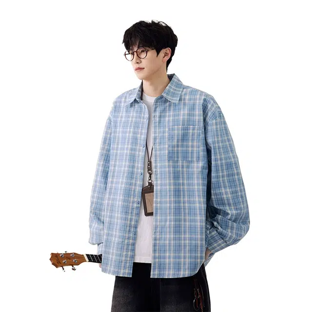 欧路得 少年感格纹外套潮牌美式休闲长袖古巴领衬衫 男款
