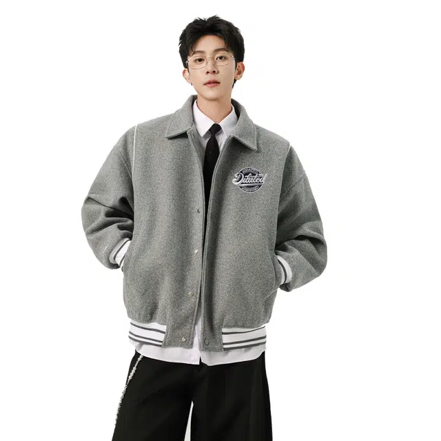 欧路得 欧路得 美式毛呢绣花男潮牌学院风休闲外套宽松百搭棒球服夹克 男款