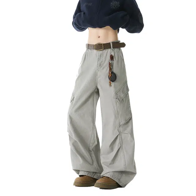 欧路得 欧路得 美式多口袋工装男女秋季潮牌宽松褶皱阔腿裤设计感伞兵裤子牛仔裤 男款