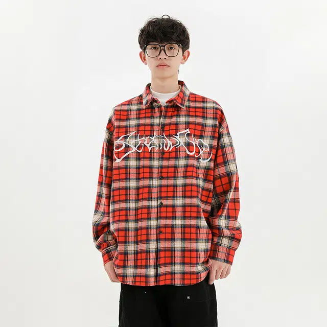 欧路得 酒红色复古格子夏季美式潮流宽松时尚户外百搭长袖衬衫 男款