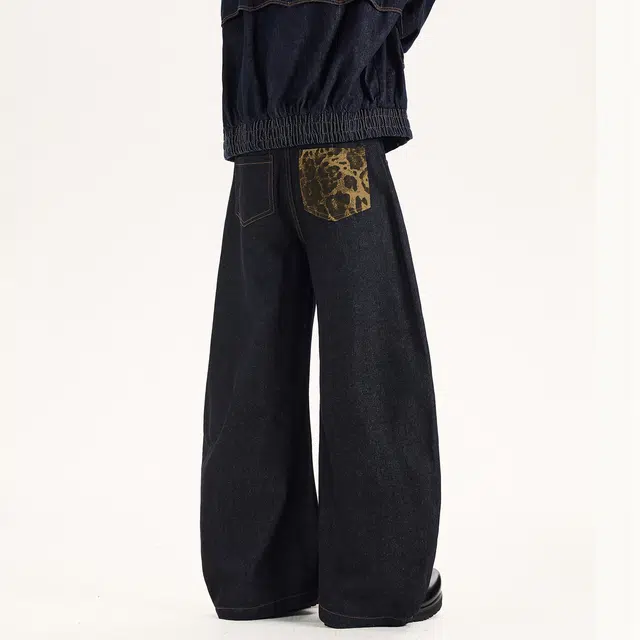 欧路得 美式复古吊坠绑带豹纹拼接设计阔腿秋冬女宽松直筒拖地长裤牛仔裤 男款