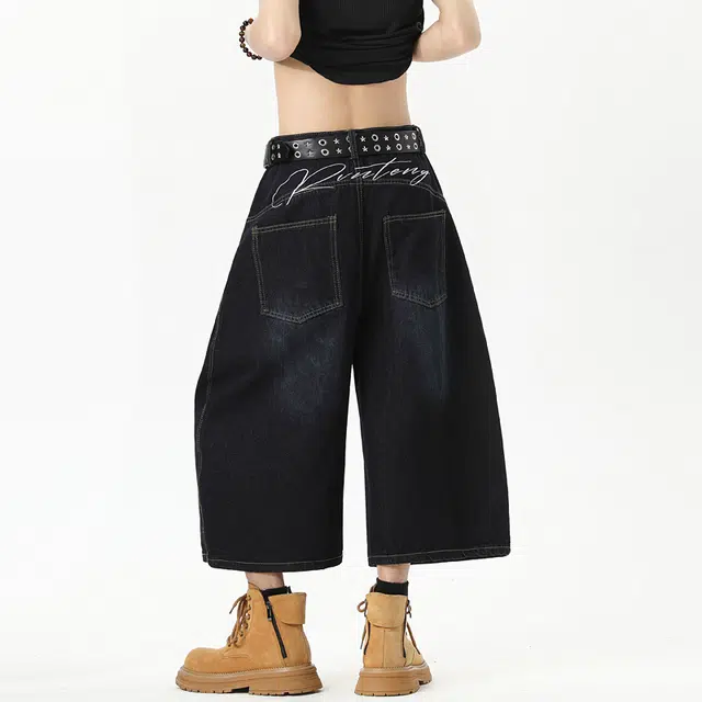 欧路得 美式弯刀复古宽松阔腿百搭舒适休闲七分牛仔短裤 男款