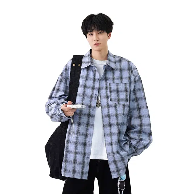 欧路得 肌理感格子长袖男女夏季薄款宽松慵懒风衬衣百搭情侣外套衬衫 男款
