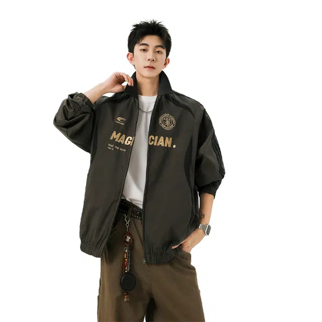 欧路得 美式复古拼色刺绣翻领外套女男秋季宽松休闲棒球服百搭情侣潮夹克 男款