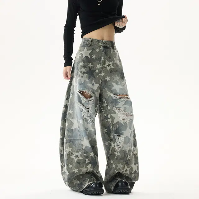 欧路得 美式星星满印破洞男秋高街设计感弯刀裤子复古宽松阔腿长裤牛仔裤 男款