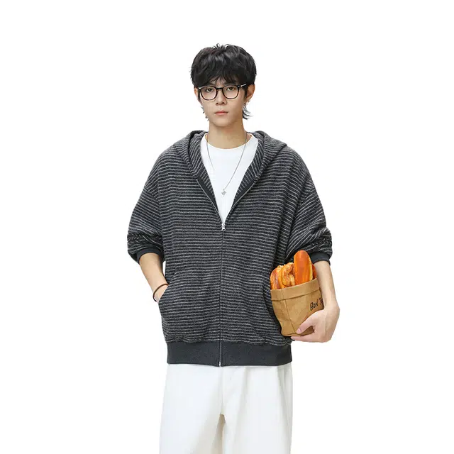 欧路得 复古绒感条纹连帽开衫男秋季宽松百搭慵懒感外套美式休闲夹克卫衣 男款