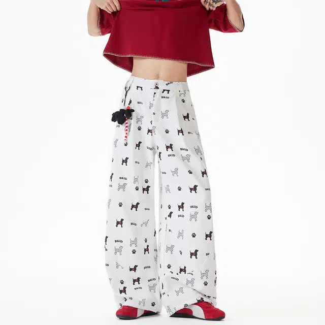 欧路得 设计感小狗满印阔腿休闲裤男女夏季垂坠感宽松显瘦弯刀直筒裤牛仔裤 男款