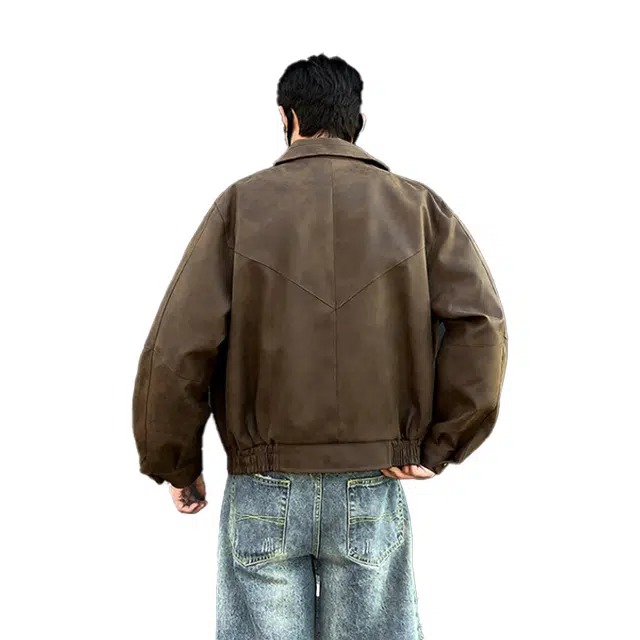 欧路得 美式短款皮衣外套男冬季潮牌小众高级感翻领工装痞帅上衣夹克 男款