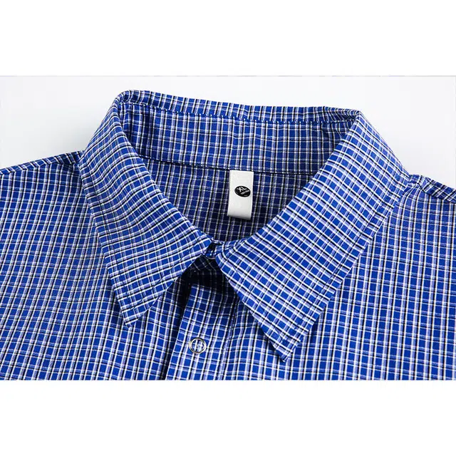 欧路得 美式蓝色格子男宽松复古设计感休闲衬衣短袖衬衫 男款