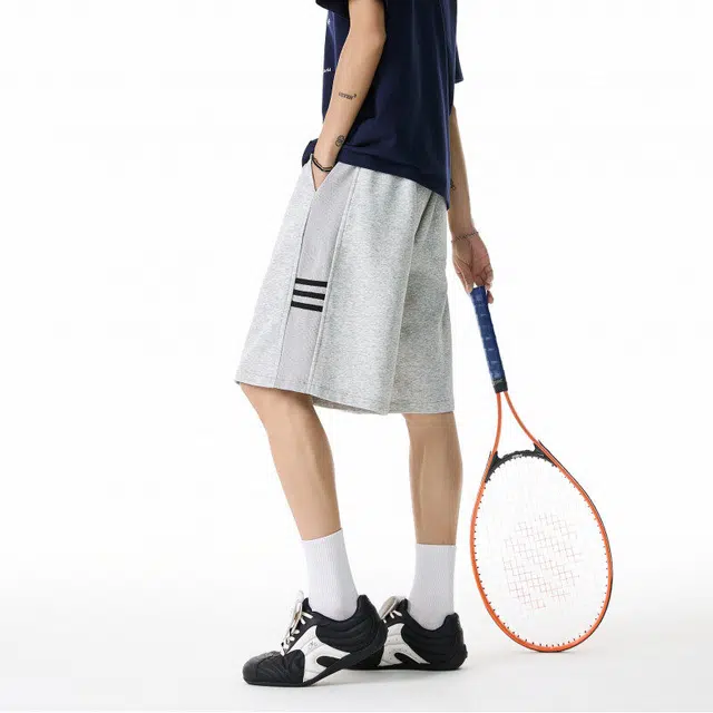 欧路得 重磅条纹拼接运动夏季潮牌青少年宽松百搭透气直筒五分裤休闲短裤 男款