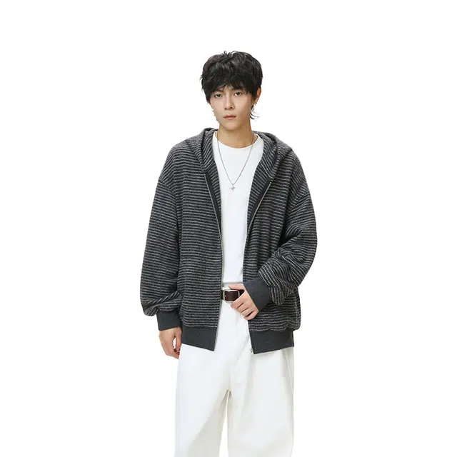 欧路得 复古绒感条纹连帽开衫男秋季宽松百搭慵懒感外套美式休闲夹克卫衣 男款