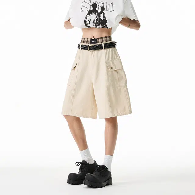 欧路得 美式工装潮牌宽松设计感复古街头阔腿五分休闲短裤 男款