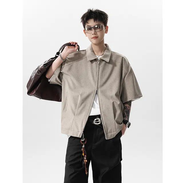 欧路得 日系简约拉链设计感宽松休闲短袖衬衫 男款