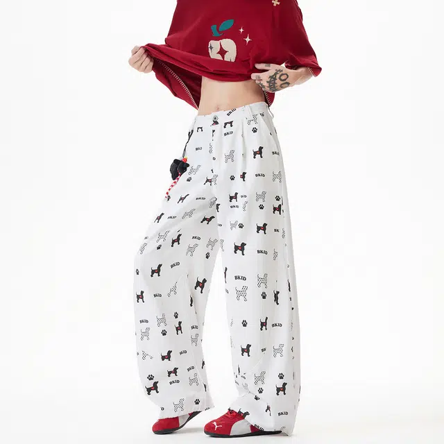 欧路得 设计感小狗满印阔腿休闲裤男女夏季垂坠感宽松显瘦弯刀直筒裤牛仔裤 男款