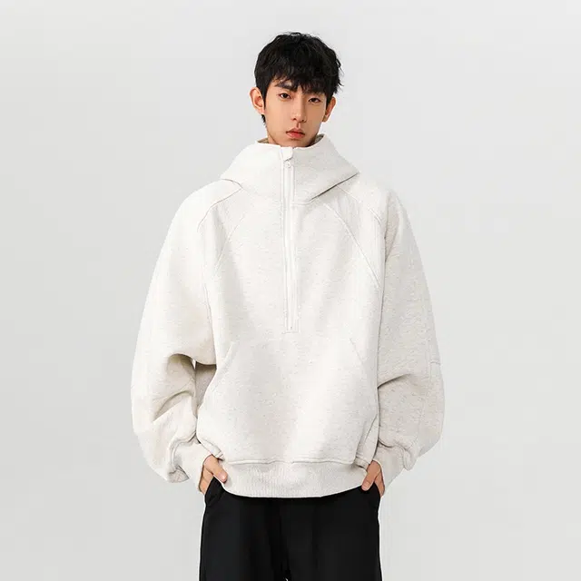 欧路得 美式半拉链重磅连帽男潮牌拼接秋季宽松短款套头帽衫外套卫衣 男款