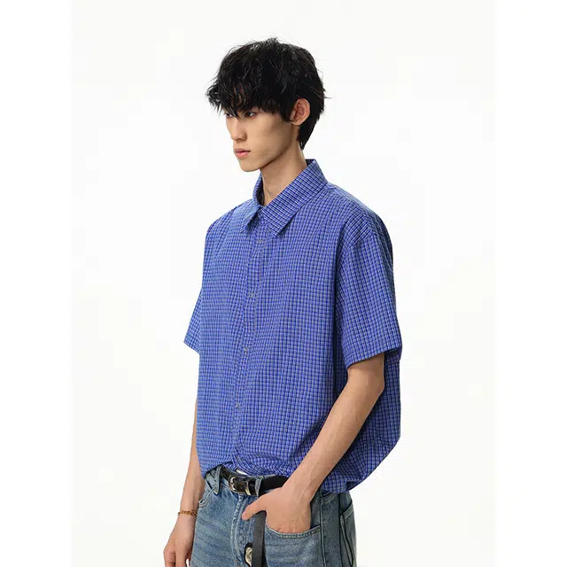 欧路得 美式蓝色格子男宽松复古设计感休闲衬衣短袖衬衫 男款