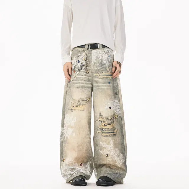 欧路得 美式设计感数码涂鸦印花男女宽松直筒裤休闲阔腿长裤牛仔裤 男款