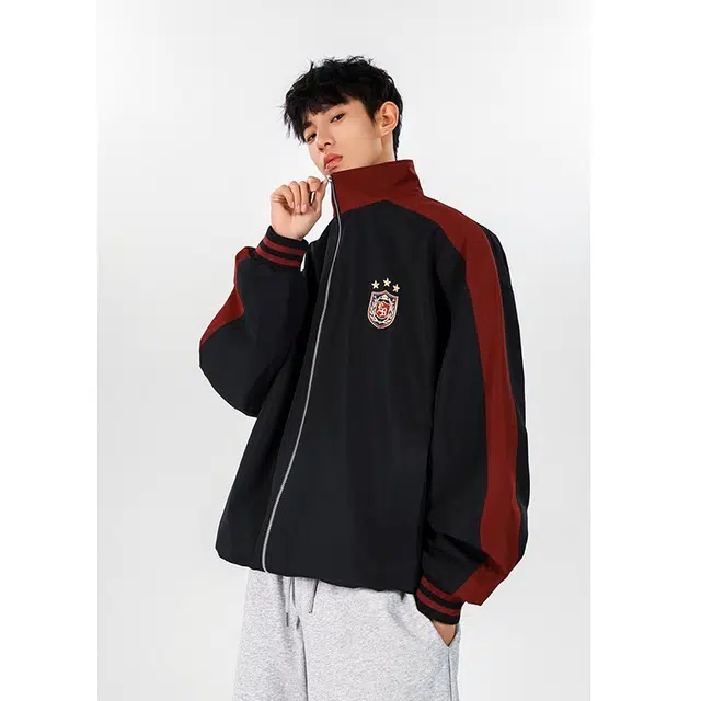 欧路得 美式街头撞色徽章翻领男女秋季复古休闲运动外套宽松棒球开衫夹克 男款