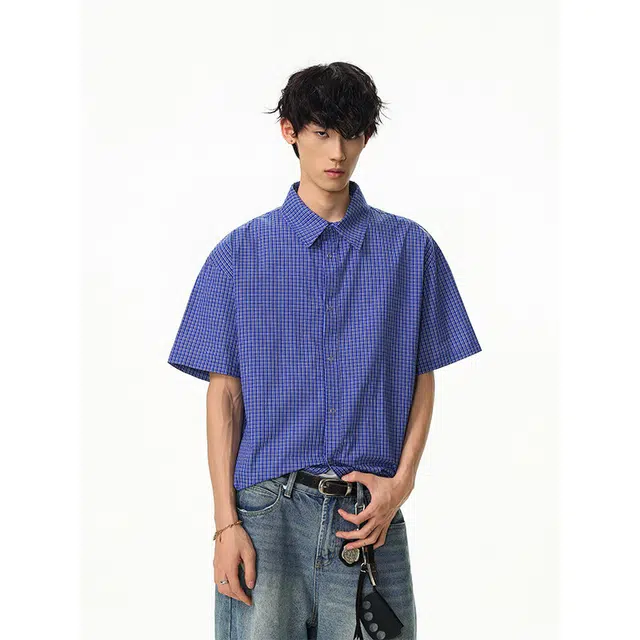 欧路得 美式蓝色格子男宽松复古设计感休闲衬衣短袖衬衫 男款