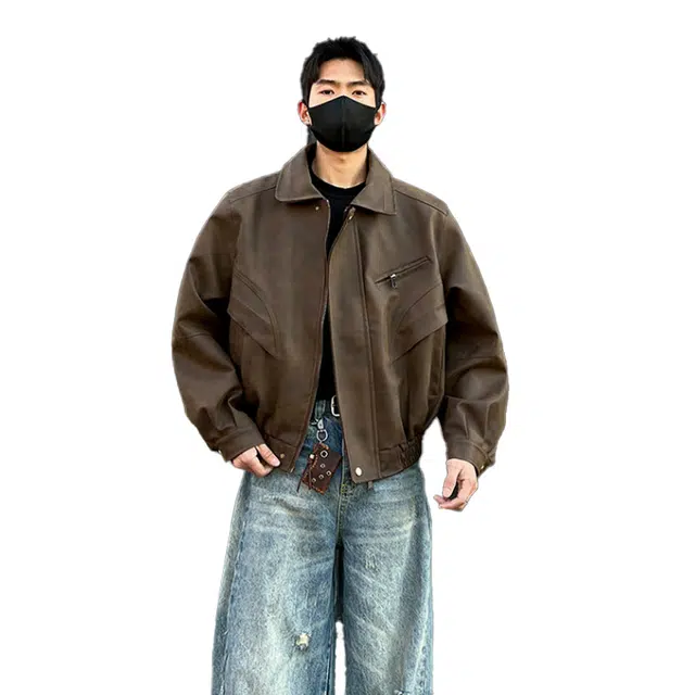 欧路得 美式短款皮衣外套男冬季潮牌小众高级感翻领工装痞帅上衣夹克 男款