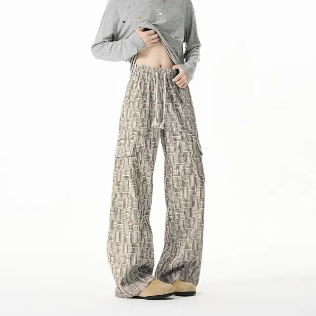 欧路得 复古格纹运动卫裤男秋季潮牌工装阔腿拖地长裤美式高街直筒休闲裤 男款