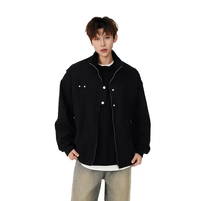 欧路得 欧路得 美式复古飞行外套男秋季高街宽松设计感痞帅百搭立领上衣夹克 男款