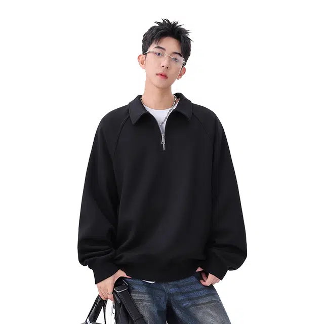 欧路得 欧路得 空气层结构分割半拉链男秋季美式重磅运动休闲宽松翻领套头衫卫衣 男款