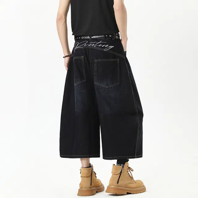 欧路得 美式弯刀复古宽松阔腿百搭舒适休闲七分牛仔短裤 男款