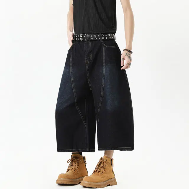 欧路得 美式弯刀复古宽松阔腿百搭舒适休闲七分牛仔短裤 男款