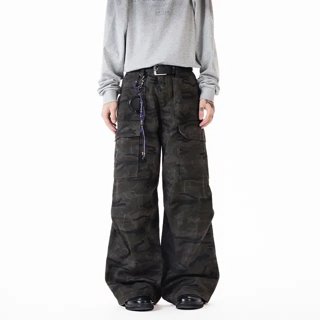 欧路得 美式潮牌迷彩高街多口袋工装长裤复古宽松微喇裤子秋季牛仔裤 男款